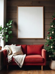 A cozy living room a large blank frame on a rustic wooden wall. A Christmas tree with vintage ornaments stands next to a black red sofa knitted pillows,mockup frame is decorated with natural elements 