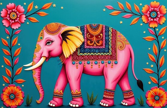 Vibrant pink elephant illustration adorned with intricate Indian patterns and floral designs, symbolizing culture and celebration - Powered by Adobe