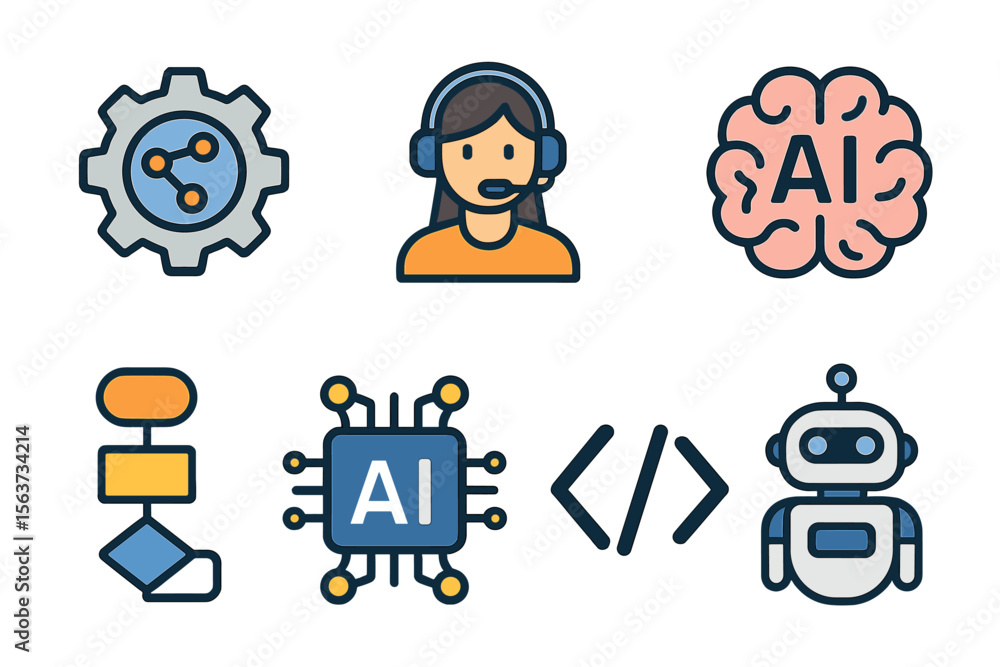 Poster Visual representation of artificial intelligence concepts including automation, communication, and coding practices