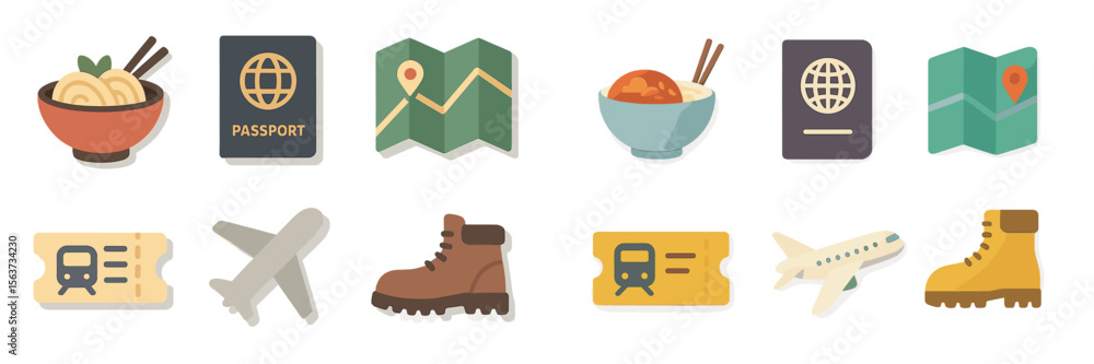 Poster exploration tools and travel essentials featured in a flat design showcasing travel items for advent