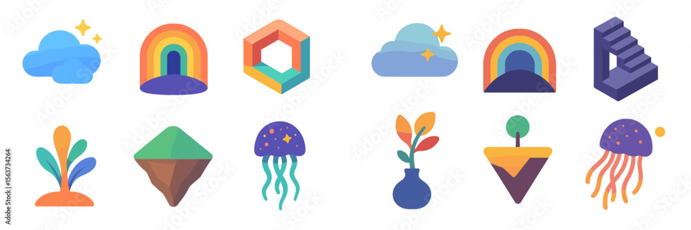 Poster colorful and vibrant graphics showcasing various abstract elements of nature, shapes, and patterns