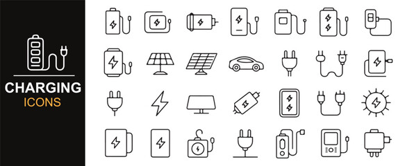 Simple charging icons in black and white, featuring solar power, battery, and electric car charging symbols.