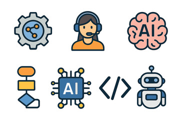 Visual representation of artificial intelligence concepts including automation, communication, and coding practices
