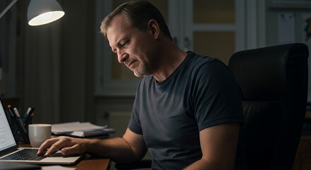Focused man works late at night on his laptop, illuminated by a desk lamp, lost in concentration.