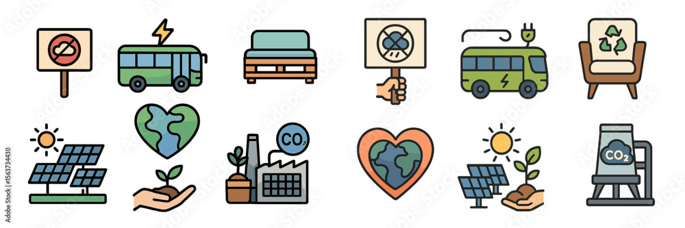 Poster sustainability symbols representing eco-friendly practices and the importance of renewable energy ac