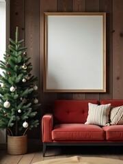 A cozy living room a large blank frame on a rustic wooden wall. A Christmas tree with vintage ornaments stands next to a black red sofa knitted pillows,mockup frame is decorated with natural elements 