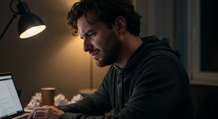 Late-night work session leaves a young man feeling stressed and overwhelmed by his unfinished project.