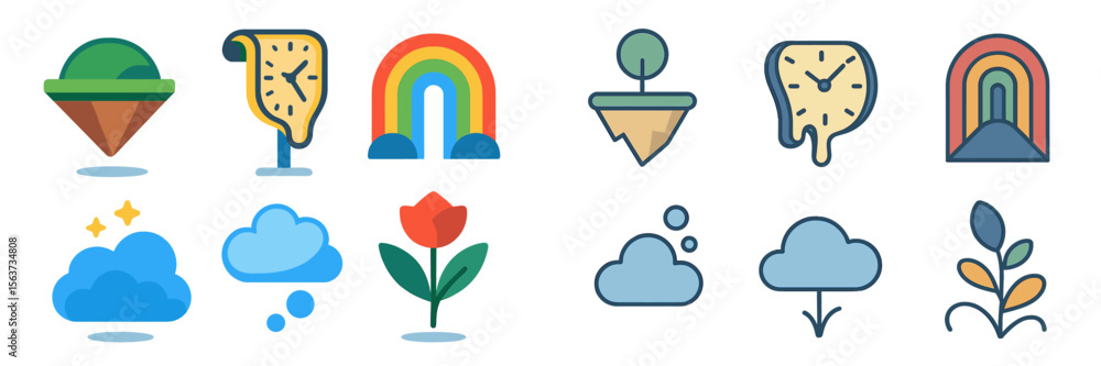 Poster Unique collection of colorful graphics featuring nature elements, clocks, and abstract designs displayed in a creative layout