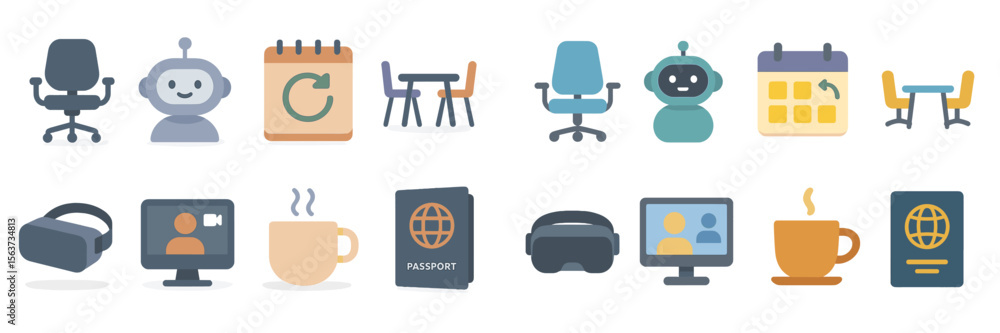 Poster iconic representation of remote work and technology in modern office settings including virtual inte