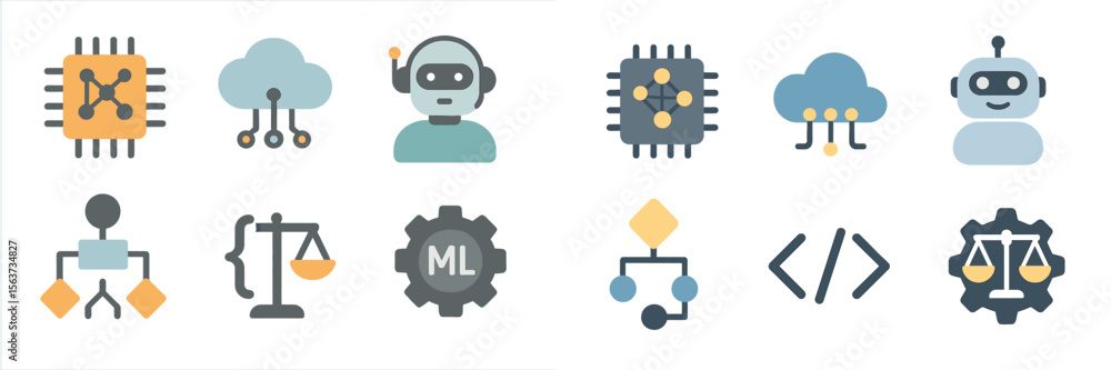Aufkleber Digital icons representing artificial intelligence, machine learning, and technology in a modern workspace setting