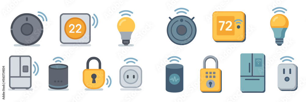 Poster smart home devices showcase connectivity and automation features in a modern setting with various ap