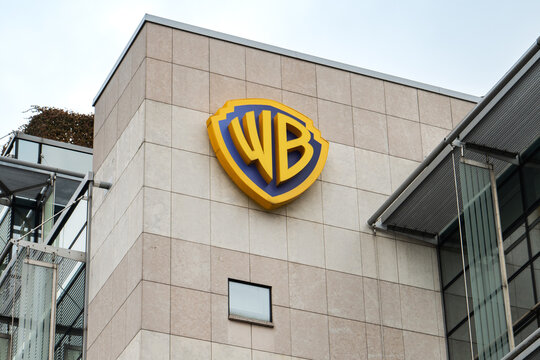 Warner Bros. logo sign. Warner Bros. Entertainment Poland office on Wiertnicza street. Polish branch of the American motion pictures and entertainment company on March 24, 2025 in Warsaw, Poland.
