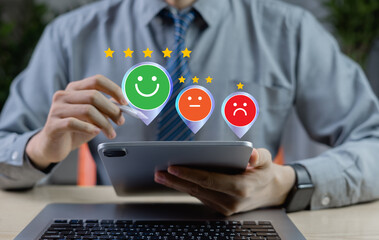 Concept of evaluating business service experiences via online apps . Customer satisfaction surveys...