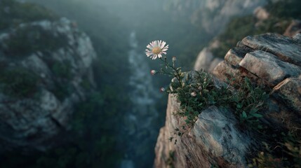 Detailed, high-res cinematic realism: A stunning flower growing precariously on a cliff, viewed from a slight overhead angle. Softly blurred, deep natural panorama below. Sharp.