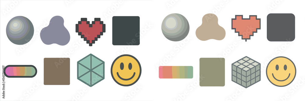 Poster Different shapes and symbols with varying textures and colors in a minimalist style showcasing creativity and design elements