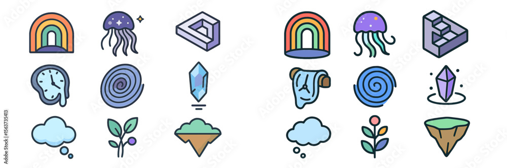 Poster colorful illustrations of various abstract shapes and nature-inspired elements showcasing creativity