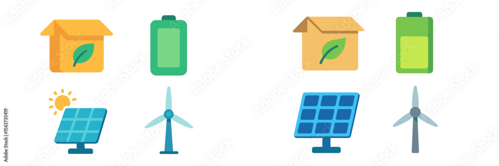 Poster visual representation of renewable energy concepts including solar, wind, and battery storage system