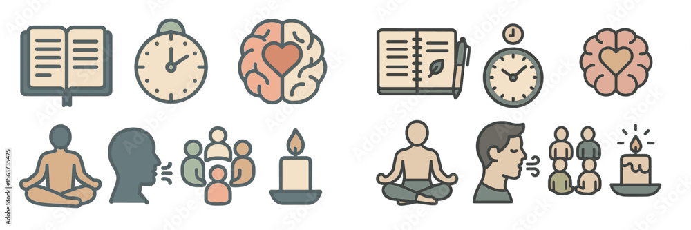 Poster mindfulness and self-care icons representing practices for mental well-being and personal growth