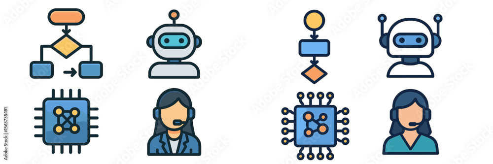 Poster Icons representing artificial intelligence applications in customer support and data processing for modern tech solutions