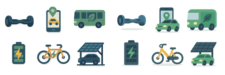 Icons representing sustainable transportation and fitness options in a modern urban setting