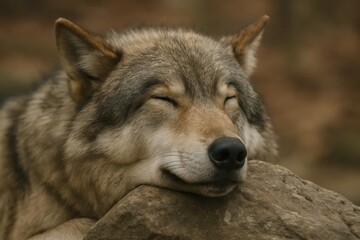 Fototapeta premium A wolf sleeping on top of a large rock