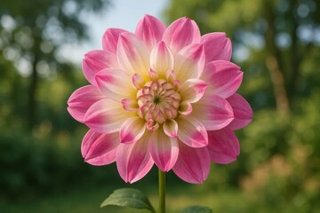 Fototapeta premium A pink and white flower with green leaves in the background