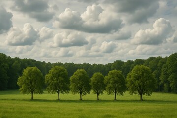A row of trees in a grassy field under a cloudy sky