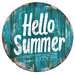 "hello summer" text on teal wood on transparent background PNG