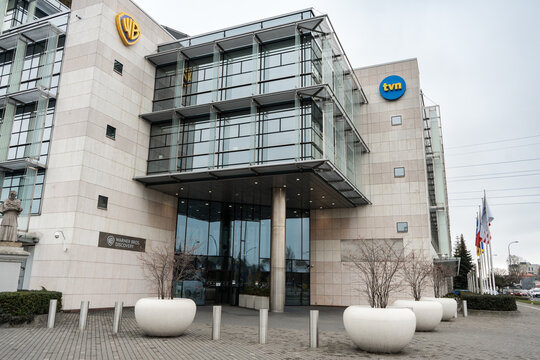 TVN station, Warner Bros. Discovery headquarters building on Wiertnicza street. American mass media conglomerate, media company, TV network, television channel on March 24, 2025 in Warsaw, Poland.