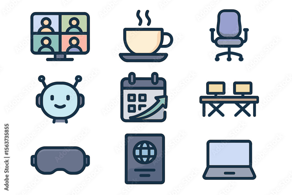 Aufkleber Digital workspace elements with remote work tools located in an online meeting context during the morning setup