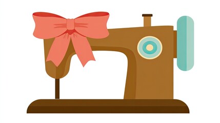 A vintage sewing machine with a pink ribbon bow on top