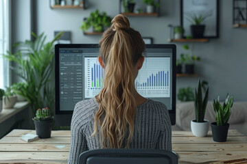 Professional woman analyzing financial data on computer screen in bright modern office, natural daylight, business style, minimalist interior