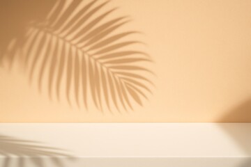 Palm shadows are cast on a clean white shelf display stand against a beige wall