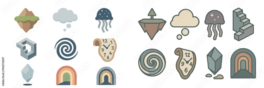 Poster Abstract collection of whimsical illustrations showcasing surreal landscapes and playful shapes in various colors and forms