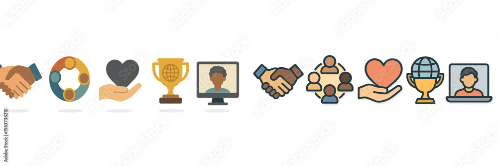 Poster icons depicting teamwork, collaboration, and reward symbols created with simple graphics reflecting 