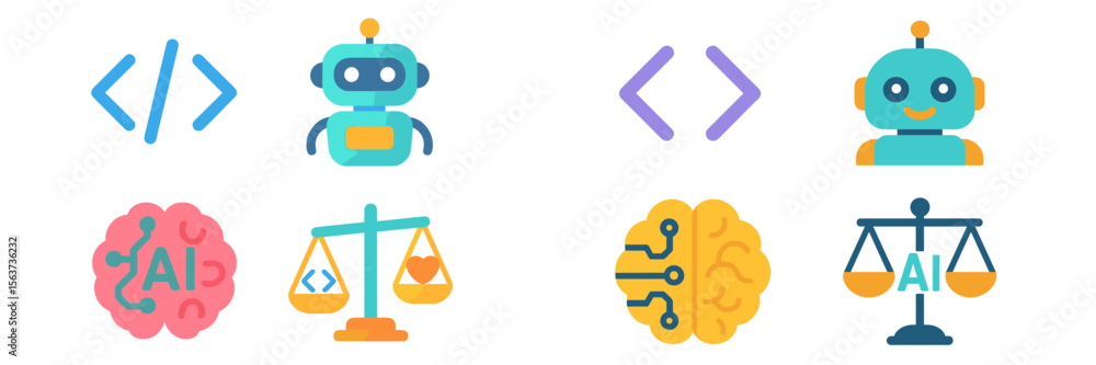 Aufkleber Various colorful icons depicting artificial intelligence, coding, and balance between technology and ethics in a digital context