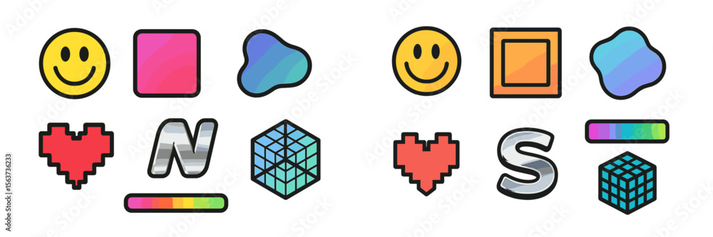 Poster Colorful abstract shapes and symbols arranged in a creative style on a simplistic background