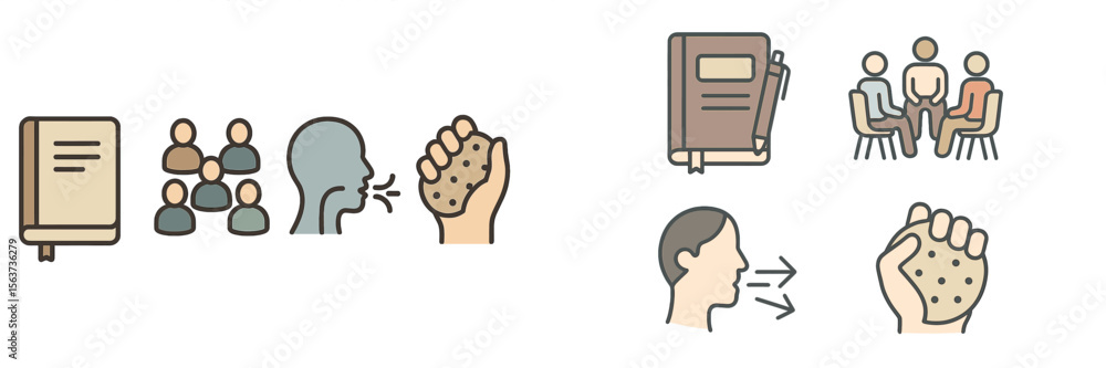 Poster illustrations depicting communication techniques for effective group discussions and individual expr