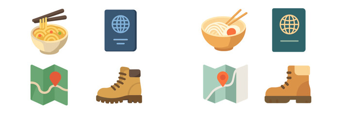 Various travel and adventure icons representing exploration, cuisine, and equipment in a colorful illustration format