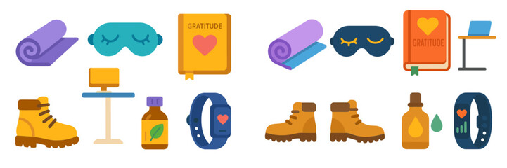 Collection of self-care items including cozy blankets, gratitude journals, wellness gear, and hiking accessories arranged on a surface