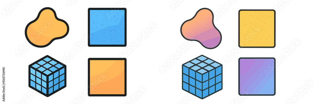 Poster geometric shapes with varying textures and colors arranged in a balanced composition during daylight