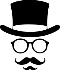 Gentleman Face Silhouette Vector, Vintage Man Icon Design, Top Hat Mustache Vector Art, Retro Gentleman Face Graphic, Old Fashioned Man Silhouette, Classic Hat and Mustache Vector, Beard and Glasses M