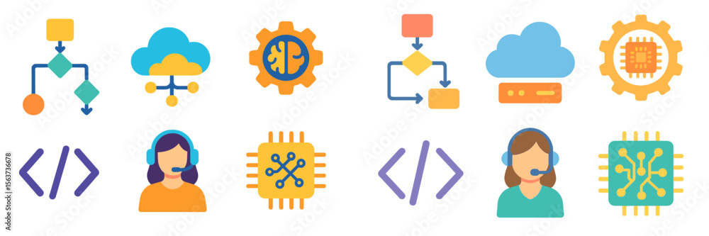Poster Colorful digital icons representing technology, cloud computing, and data processing in a modern design layout