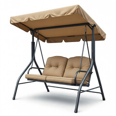 Beige two-seater swing chair with a canopy and black metal frame.