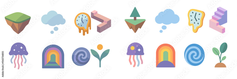 Poster colorful illustrations of various imaginative elements showcasing creativity in design and abstract 