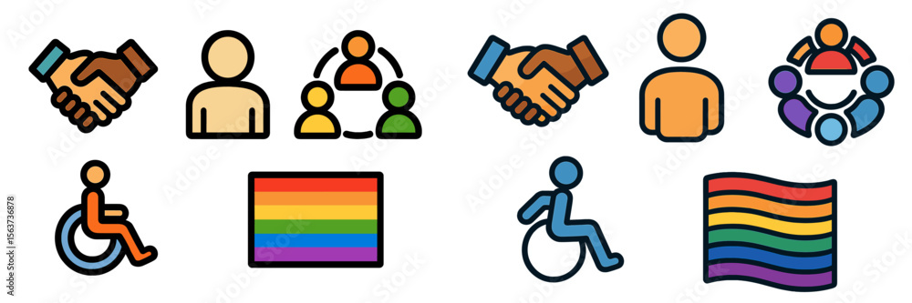 Poster symbols representing diversity, inclusivity, and community in a contemporary design layout with stro