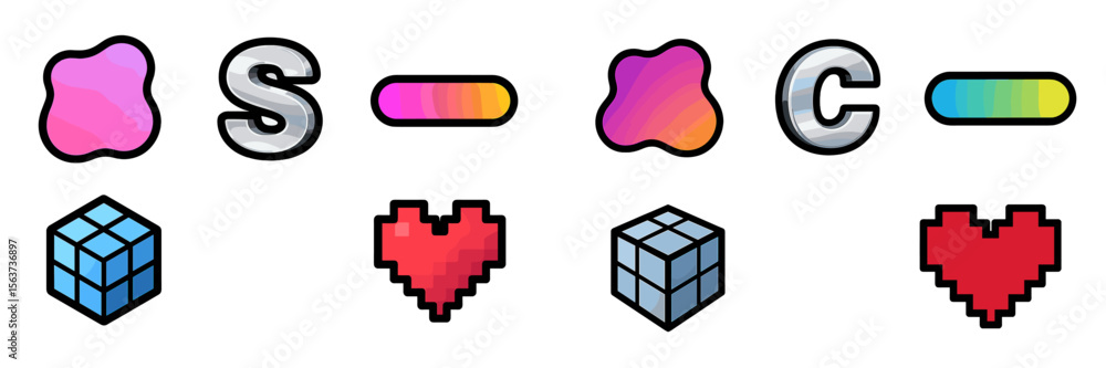 Poster Colorful and creative abstract designs featuring letters and shapes on a white background