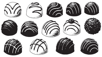Black engraved drawing of chocolate truffles with round textures in vintage candy style