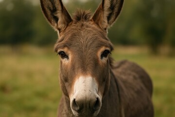 A brown donkey standing on top of a lush green field