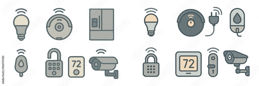Poster smart home technology icons showcasing automation and control features for modern living in various 